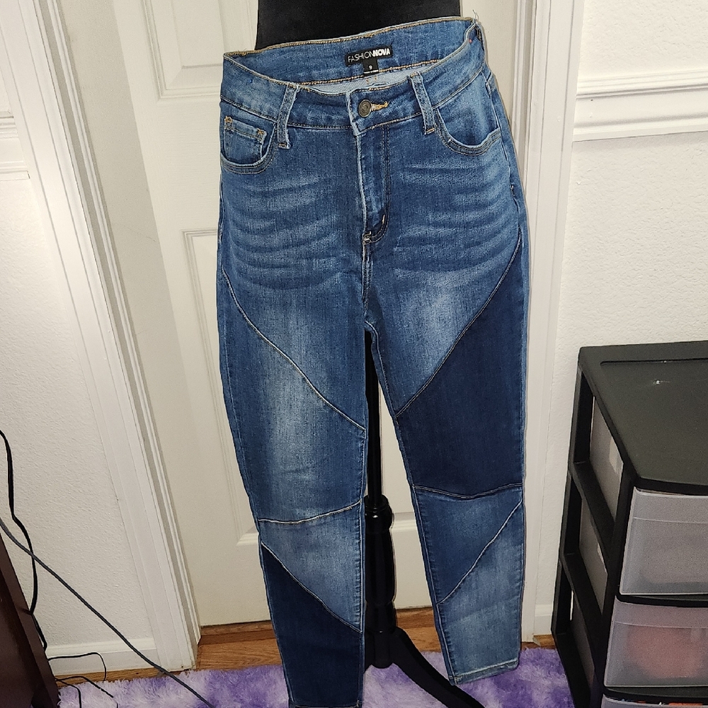 Fashion Nova Women's Blue Patchwork Skinny Jeans